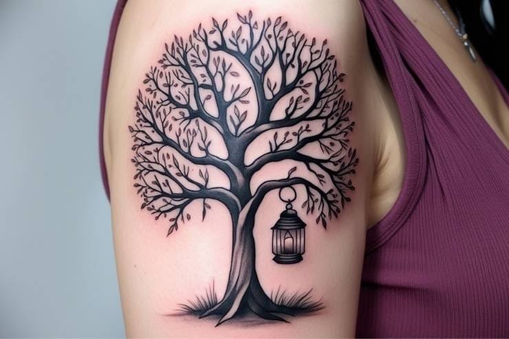 Tree With Lantern Hanging From Branch Tattoo