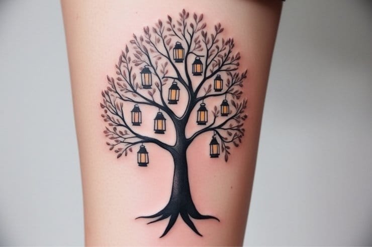 Tree With Lanterns Representing Each Member tattoo