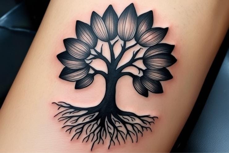 Tree With Lotus FlowerAnd Roots Tattoo