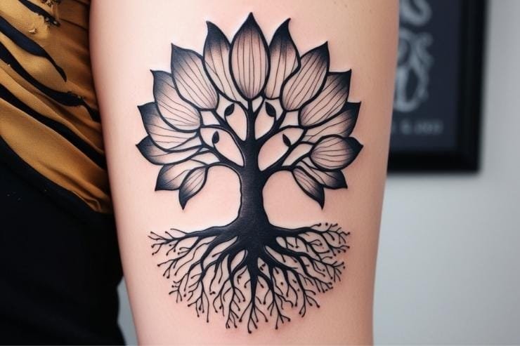 Tree With Lotus Flower And Roots Tattoo