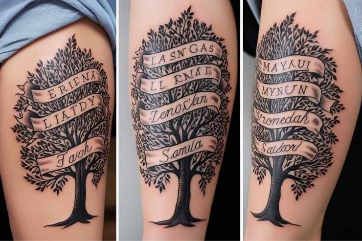 Tree With Names in Banner Style Tattoo 2