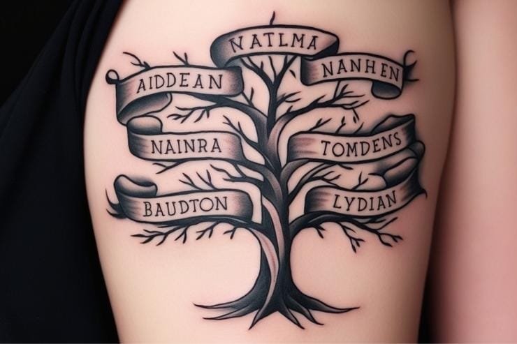 Tree With Names in Banner Style Tattoo