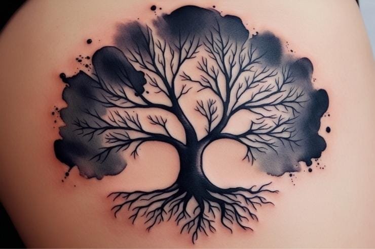 Watercolor-Inspired Family Tree in Black Ink Tattoo 2