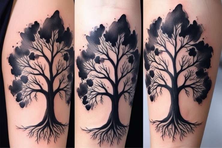 Watercolor-Inspired Family Tree in Black Ink Tattoo