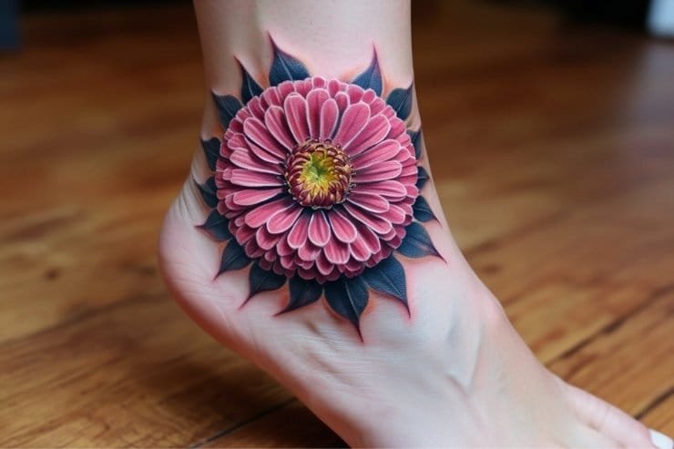Zinnia Flower Ankle Tattoo