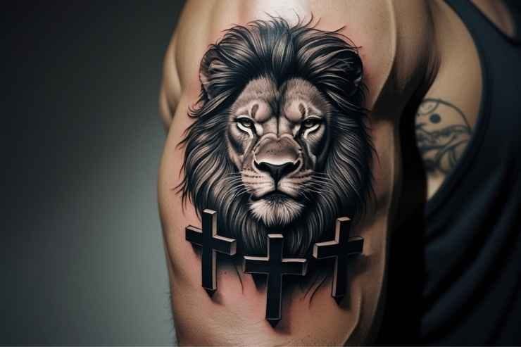 Bold Lion and Three Cross Tattoo