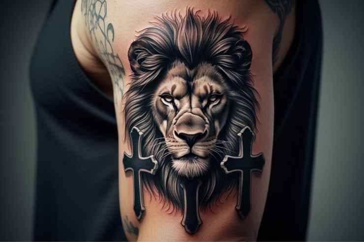 Bold Lion and Three Cross Tattoos