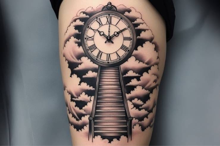Monochrome Clock Stairway to Heaven Tattoo