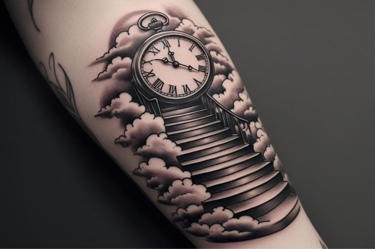 Monochrome Clock Stairway to Heaven Tattoos