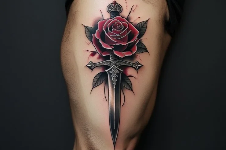 Ornamental Dagger and Rose Tattoo Design